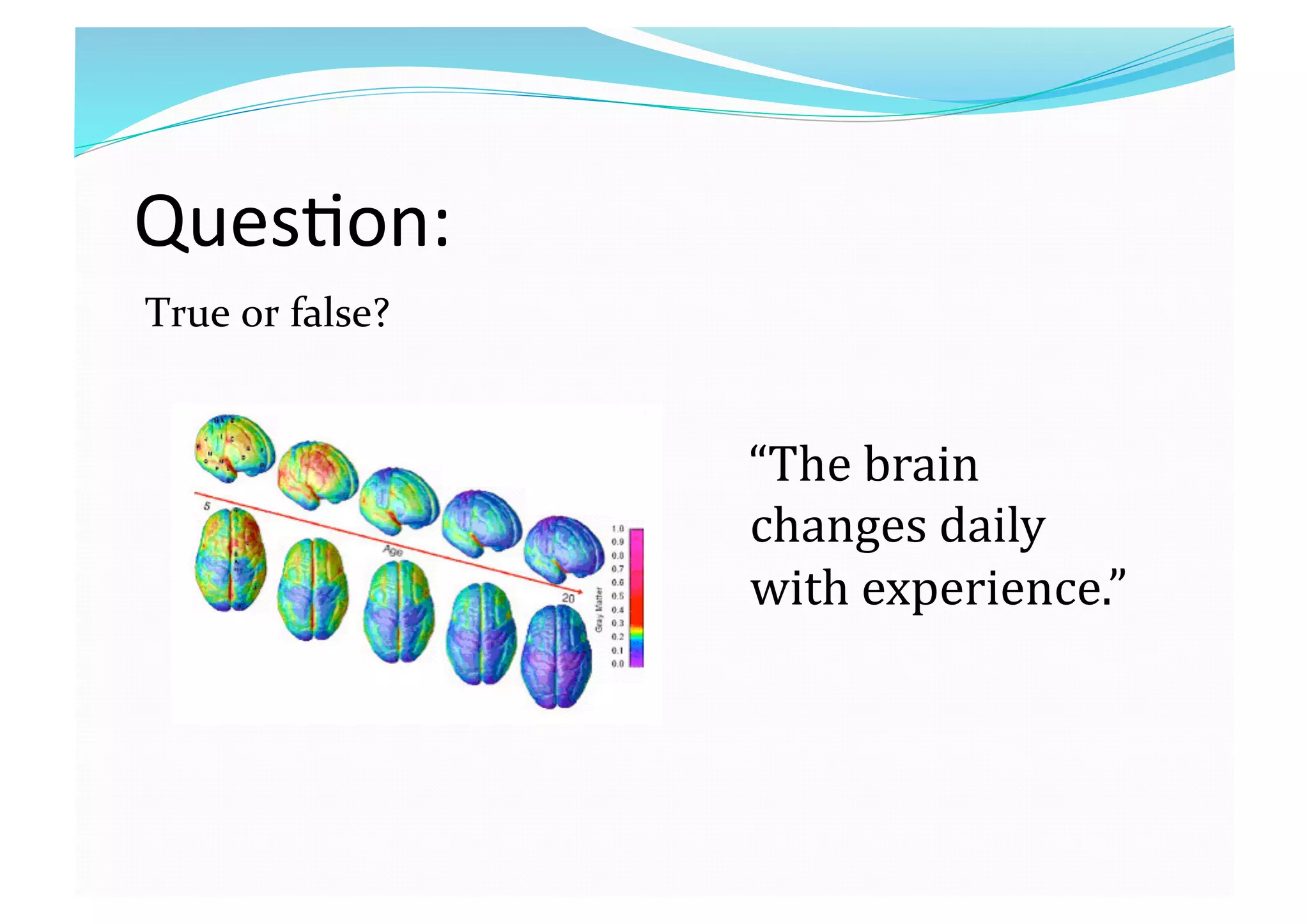 Ques8on: 
True or false? 
   “The brain 
changes daily 
with experience.” 
 