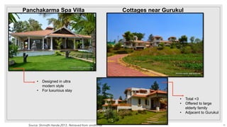 Panchakarma Spa Villa
• Designed in ultra
modern style
• For luxurious stay
Cottages near Gurukul
• Total =3
• Offered to large
elderly family
• Adjacent to Gurukul
Source: Shrinidhi Hande,2013 . Retrieved from: enidhi.net 32
 