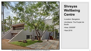 Shreyas
Wellbeing
Centre
•Location: Bangalore
•Architects: The Purple Ink
Studio
•Area: 20000ft²
•Year:2016
Source: Shreyas Retreat/ The Pink Ink Studio Retrieved From: archdaily.com 35
 