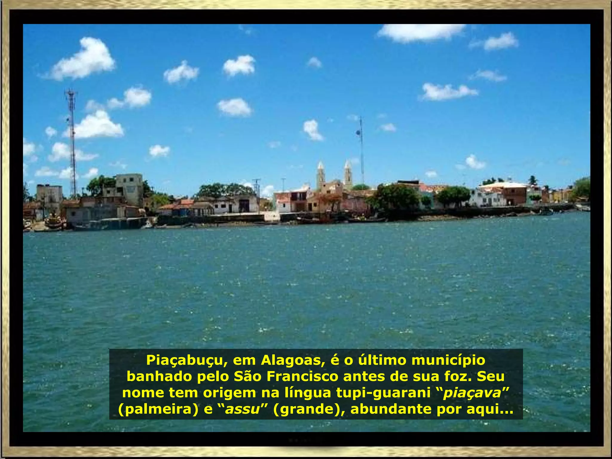 Piaçabuçu, em Alagoas, é o último município banhado pelo São Francisco antes de sua foz. Seu nome tem origem na língua tupi-guarani “ piaçava ” (palmeira) e “ assu ” (grande), abundante por aqui... 