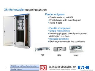 ۱۱
(TTA) X-Energy and Power Factor Correction
Technical Training
XR (Removable) outgoing section
Feeder outgoers
• Feeder units up to 630A
• Empty boxes with mounting rail
• 3 and 4-pole
• Flexible arrangement
• Simple maintenance
• Incoming plugged directly onto power
distribution bus bars
• Reduced downtime
• Exchangeable under live conditions
PKZ NZM Empty
 