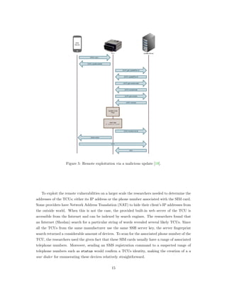 Figure 5: Remote exploitation via a malicious update [19].
To exploit the remote vulnerabilities on a larger scale the researchers needed to determine the
addresses of the TCUs; either its IP address or the phone number associated with the SIM card.
Some providers have Network Address Translation (NAT) to hide their client’s IP addresses from
the outside world. When this is not the case, the provided built-in web server of the TCU is
accessible from the Internet and can be indexed by search engines. The researchers found that
an Internet (Shodan) search for a particular string of words revealed several likely TCUs. Since
all the TCUs from the same manufacturer use the same SSH server key, the server ﬁngerprint
search returned a considerable amount of devices. To scan for the associated phone number of the
TCU, the researchers used the given fact that these SIM cards usually have a range of associated
telephone numbers. Moreover, sending an SMS registration command to a suspected range of
telephone numbers such as status would conﬁrm a TCUs identity, making the creation of a a
war dialer for enumerating these devices relatively straightforward.
15
 