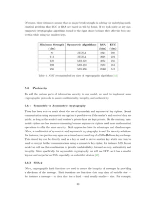 Of course, these estimates assume that no major breakthroughs in solving the underlying math-
ematical problems that ECC or RSA are based on will be found. If we look solely at key size,
symmetric cryptographic algorithms would be the right choice because they oﬀer the best pro-
tection while using the smallest keys.
Minimum Strength Symmetric Algorithms RSA ECC
(bits) (bits) (bits)
80 2TDEA 1024 160
112 3TDEA 2048 224
128 AES-128 3072 256
192 AES-192 7680 384
256 AES-256 15360 512
Table 4: NIST-recommended key sizes of cryptographic algorithms [41]
5.6 Protocols
To add the various parts of information security to our model, we need to implement some
cryptographic protocols to assure conﬁdentiality, integrity, and authenticity.
5.6.1 Symmetric vs Asymmetric cryptography
There has been written much about the use of symmetric and asymmetric key ciphers. Secret
communication using asymmetric encryption is possible even if the sender’s and receiver’s key are
public, as long as the sender’s and receiver’s private keys are kept private. On the contrary, sym-
metric ciphers are less resource-consuming because asymmetric ciphers need more mathematical
operations to oﬀer the same security. Both approaches have its advantages and disadvantages.
Often, a combination of symmetric and asymmetric cryptography is used for security solutions.
For instance, two parties may agree on a shared secret resulting of a Diﬃe-Hellman key exchange.
This shared key can be directly used as a key or used to derive another key which can then be
used to encrypt further communications using a symmetric key cipher, for instance AES. In our
model we will use this combination to provide conﬁdentiality, forward secrecy, authenticity and
integrity. More speciﬁcally, for asymmetric cryptography, we will use ECC, as it has a smaller
keysize and outperforms RSA, especially on embedded devices [42].
5.6.2 SHA-2
Often, cryptographic hash functions are used to assure the integrity of messages by providing
a checksum of the message. Hash functions are functions that map data of variable size —
for instance a message— to data that has a ﬁxed —and usually smaller— size. For example,
33
 