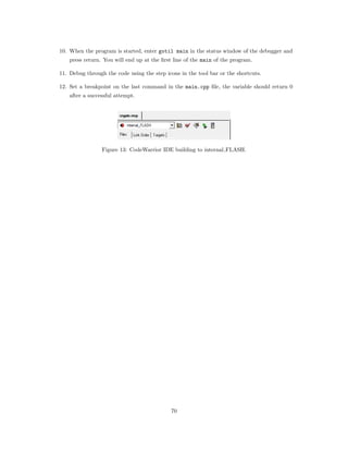 10. When the program is started, enter gotil main in the status window of the debugger and
press return. You will end up at the ﬁrst line of the main of the program.
11. Debug through the code using the step icons in the tool bar or the shortcuts.
12. Set a breakpoint on the last command in the main.cpp ﬁle, the variable should return 0
after a successful attempt.
Figure 13: CodeWarrior IDE building to internal FLASH.
70
 