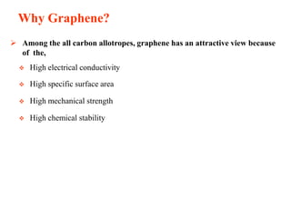 Why Graphene?
 Among the all carbon allotropes, graphene has an attractive view because
of the,


High electrical conductivity



High specific surface area



High mechanical strength



High chemical stability

 