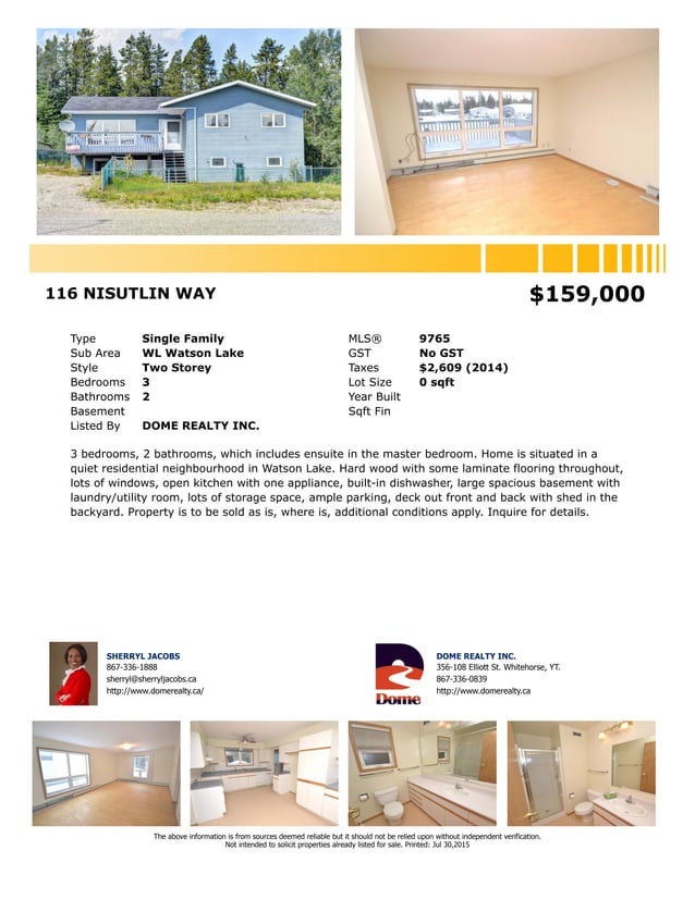 116 NISUTLIN WAY WATSON LAKE HOMES FOR SALE DOME REALTY INC. PDF
