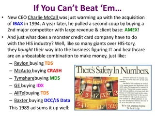 If You Can’t Beat ‘Em…
• New CEO Charlie McCall was just warming up with the acquisition
of IBAX in 1994. A year later, he pulled a second coup by buying a
2nd major competitor with large revenue & client base: AMEX!
• And just what does a monster credit card company have to do
with the HIS industry? Well, like so many giants over HIS-tory,
they bought their way into the business figuring IT and healthcare
are an unbeatable combination to make money, just like:
– Revlon buying TDS
– McAuto buying CRASH
– Tymsharebuying MDS
– GE buying IDX
– AllTelbuying TDS
– Baxter buying DCC/JS Data
This 1989 ad sums it up well:

 