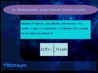 A. MenentukanLuas Daerah DiatasSumbuxMisalkanR daerahyang dibatasiolehkurvay = f (x), sumbu- x, garisx = a, dangarisx= b, denganf (x) ≥ 0 pada [a, b], makaluasdaerahR