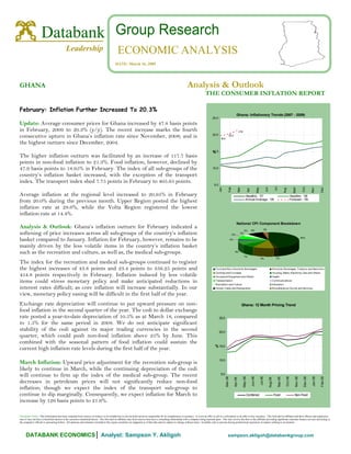 Databank Group Research
                                                                                                ECONOMIC ANALYSIS
                                             Leadership
                                                                                              DATE: March 16, 2009




                                                                                                                                                                    Analysis & Outlook
GHANA
                                                                                                                                                                                      THE CONSUMER INFLATION REPORT

February: Inflation Further Increased To 20.3%
                                                                                                                                                                                                                                Ghana: Inflationary Trends (2007 - 2009)
                                                                                                                                                                                             25.0
Update: Average consumer prices for Ghana increased by 47.8 basis points
in February, 2009 to 20.3% (y/y). The recent increase marks the fourth                                                                                                                                                               21.6

consecutive upturn in Ghana’s inflation rate since November, 2008; and is                                                                                                                    20.0                  20.4
                                                                                                                                                                                                       19.9
the highest outturn since December, 2004.
                                                                                                                                                                                             15.0
                                                                                                                                                                                             %
The higher inflation outturn was facilitated by an increase of 117.7 basis
points in non-food inflation to 21.3%. Food inflation, however, declined by
47.9 basis points to 18.95% in February. The index of all sub-groups of the                                                                                                                  10.0

country’s inflation basket increased, with the exception of the transport
index. The transport index shed 7.75 points in February to 405.65 points.
                                                                                                                                                                                               5.0




                                                                                                                                                                                                                                                                                               Jul
                                                                                                                                                                                                                  Feb
                                                                                                                                                                                                     Jan




                                                                                                                                                                                                                                                                               Jun




                                                                                                                                                                                                                                                                                                                                    Oct
                                                                                                                                                                                                                                 Mar




                                                                                                                                                                                                                                                                May




                                                                                                                                                                                                                                                                                                                                             Nov


                                                                                                                                                                                                                                                                                                                                                      Dec
                                                                                                                                                                                                                                                                                                                        Sept
                                                                                                                                                                                                                                                                                                           Aug
                                                                                                                                                                                                                                                 Apr
Average inflation at the regional level increased to 20.95% in February                                                                                                                                                                     Headline - '07                                                            Headline - '08
                                                                                                                                                                                                                                            Annual Average - '08                                                      Forecast - '09
from 20.0% during the previous month. Upper Region posted the highest
inflation rate at 28.6%, while the Volta Region registered the lowest
inflation rate at 14.4%.
                                                                                                                                                                                                                                National CPI Component Breakdown
Analysis & Outlook: Ghana’s inflation outturn for February indicated a                                                                                                                                                                                                     3%
                                                                                                                                                                                                                                                       8%
                                                                                                                                                                                                                                            2%
softening of price increases across all sub-groups of the country’s inflation                                                                                                                                                         3%
                                                                                                                                                                                                                        6%

basket compared to January. Inflation for February, however, remains to be                                                                                                                                                                                                                                                         46%
                                                                                                                                                                                                                       4%

mainly driven by the less volatile items in the country’s inflation basket
such as the recreation and culture, as well as, the medical sub-groups.                                                                                                                                                       8%
                                                                                                                                                                                                                                            7%
                                                                                                                                                                                                                                                                                                 2%
                                                                                                                                                                                                                                                                      1%
                                                                                                                                                                                                                                                                       1
The index for the recreation and medical sub-groups continued to register
the highest increases of 43.8 points and 23.4 points to 356.25 points and                                                                                                                       Fo o d and No n-A lco ho lic B everages                                                       A lco ho lic B everages, To bacco and Narco tics
                                                                                                                                                                                                Clo thing and Fo o twear                                                                      Ho using, Water, Electricity, Gas and Others
454.8 points respectively in February. Inflation induced by less volatile                                                                                                                       Ho useho ld Equipment and Others                                                              Health

items could stress monetary policy and make anticipated reductions in                                                                                                                           Transpo rtatio n                                                                              Co mmunicatio ns
                                                                                                                                                                                                Recreatio n and Culture                                                                       Educatio n
interest rates difficult; as core inflation will increase substantially. In our                                                                                                                 Ho tels, Cafes and Restaurants                                                                M iscellaneo us Go o ds and Services

view, monetary policy easing will be difficult in the first half of the year.
Exchange rate depreciation will continue to put upward pressure on non-                                                                                                                                                                Ghana: 12 Month Pricing Trend
food inflation in the second quarter of the year. The cedi to dollar exchange
rate posted a year-to-date depreciation of 10.5% as at March 18, compared                                                                                                                            25.0
to 1.5% for the same period in 2008. We do not anticipate significant
stability of the cedi against its major trading currencies in the second                                                                                                                             20.0
quarter, which could push non-food inflation above 25% by June. This
combined with the seasonal pattern of food inflation could sustain the
                                                                                                                                                                                                % 15.0
current high inflation rate levels during the first half of the year.
                                                                                                                                                                                                     10.0
March Inflation: Upward price adjustment for the recreation sub-group is
likely to continue in March, while the continuing depreciation of the cedi
will continue to firm up the index of the medical sub-group. The recent                                                                                                                               5.0
                                                                                                                                                                                                              Mar-08




                                                                                                                                                                                                                                        May-08

                                                                                                                                                                                                                                                       Jun-08

                                                                                                                                                                                                                                                                      Jul-08




                                                                                                                                                                                                                                                                                                             Oct-08

                                                                                                                                                                                                                                                                                                                          Nov-08

                                                                                                                                                                                                                                                                                                                                    Dec-08

                                                                                                                                                                                                                                                                                                                                             Jan-09

                                                                                                                                                                                                                                                                                                                                                      Feb-09
                                                                                                                                                                                                                                                                                                  Sep-08
                                                                                                                                                                                                                            Apr-08




                                                                                                                                                                                                                                                                                     Aug-08




decreases in petroleum prices will not significantly reduce non-food
inflation; though we expect the index of the transport sub-group to
continue to dip marginally. Consequently, we expect inflation for March to                                                                                                                                                                   Combined                                          Food                       Non-Food
increase by 126 basis points to 21.6%.

Disclaimer Policy: This Information has been compiled from sources we believe to be reliable but we do not hold ourselves responsible for its completeness or accuracy. It is not an offer to sell or a solicitation or an offer to buy securities. This firm and its affiliates and their officers and employees
may or may not have a beneficial interest in the securities mentioned herein. This firm and its affiliates may from time-to-time have a consulting relationship with a company being reported upon. This may involve the firm or the affiliates providing significant corporate finance services and acting as
the company's official or sponsoring broker. All opinions and estimates included in this report constitute our judgment as of that date and are subject to change without notice. Available only to persons having professional experience in matters relating to investment.




      DATABANK ECONOMICS│ Analyst: Sampson Y. Akligoh                                                                                                                                                             sampson.akligoh@databankgroup.com
 