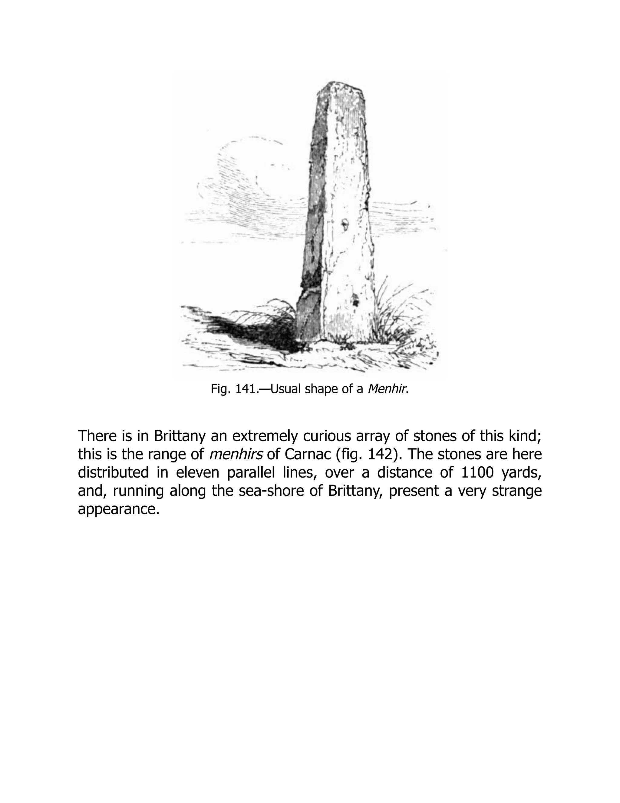 Fig. 141.—Usual shape of a Menhir.
There is in Brittany an extremely curious array of stones of this kind;
this is the range of menhirs of Carnac (fig. 142). The stones are here
distributed in eleven parallel lines, over a distance of 1100 yards,
and, running along the sea-shore of Brittany, present a very strange
appearance.
 