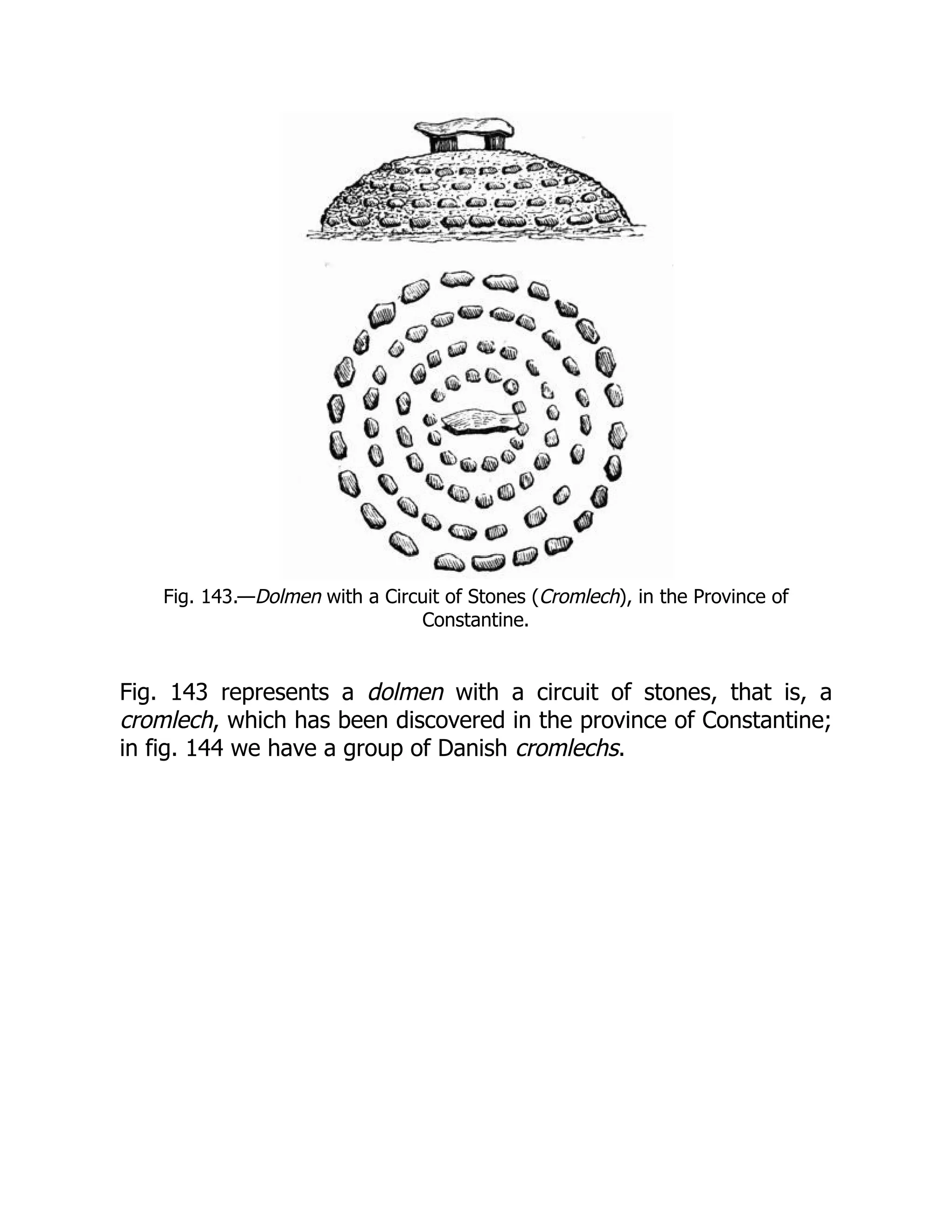 Fig. 143.—Dolmen with a Circuit of Stones (Cromlech), in the Province of
Constantine.
Fig. 143 represents a dolmen with a circuit of stones, that is, a
cromlech, which has been discovered in the province of Constantine;
in fig. 144 we have a group of Danish cromlechs.
 