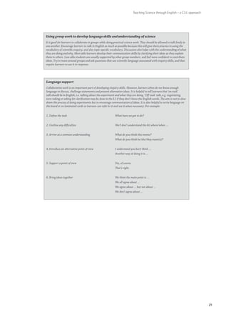 Teaching Science through English – a CLIL approach




Using group work to develop language skills and understanding of science
It is good for learners to collaborate in groups while doing practical science work. They should be allowed to talk freely to
one another. Encourage learners to talk in English as much as possible because this will give them practice in using the
vocabulary of scientific enquiry, and also topic-specific vocabulary. Discussion also helps with the understanding of what
they are doing and why. More able learners develop their communication skills by clarifying their ideas as they explain
them to others. Less able students are usually supported by other group members, and feel more confident to contribute
ideas. Try to move around groups and ask questions that use scientific language associated with enquiry skills, and that
require learners to use it in response.




Language support
Collaborative work is an important part of developing enquiry skills. However, learners often do not know enough
language to discuss, challenge statements and present alternative ideas. It is helpful to tell learners that ‘on-task’
talk should be in English, i.e. talking about the experiment and what they are doing. ‘Off-task’ talk, e.g. negotiating,
turn-taking or asking for clarification may be done in the L1 if they don’t know the English words. The aim is not to slow
down the process of doing experiments but to encourage communication of ideas. It is also helpful to write language on
the board or on laminated cards so learners can refer to it and use it when necessary. For example:


1. Define the task			                            	           What have we got to do?


2. Outline any difficulties			                               We/I don’t understand the bit where/when …


3. Arrive at a common understanding		                        What do you think this means?
					                                                        What do you think he/she/they mean(s)?


4. Introduce an alternative point of view		                  I understand you but I think …
					                                                       Another way of doing it is …
				
5. Support a point of view			                                Yes, of course.
					That’s right.


6. Bring ideas together				                                  We think the main point is …
					We all agree about …
					                                                        We agree about … but not about …
					We don’t agree about …




                                                                                                                                    21
 