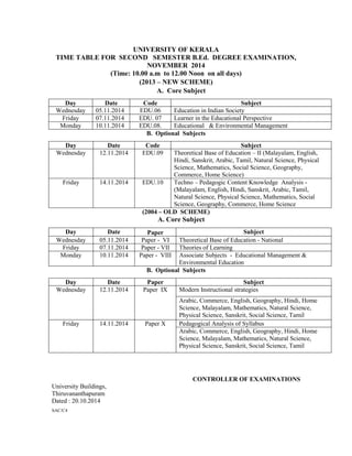 UNIVERSITY OF KERALA 
TIME TABLE FOR SECOND SEMESTER B.Ed. DEGREE EXAMINATION, NOVEMBER 2014 
(Time: 10.00 a.m to 12.00 Noon on all days) 
(2013 – NEW SCHEME) 
A. Core Subject 
B. Optional Subjects 
(2004 – OLD SCHEME) 
A. Core Subject 
B. Optional Subjects 
CONTROLLER OF EXAMINATIONS 
University Buildings, 
Thiruvananthapuram 
Dated : 20.10.2014 
SAC/C4 
Day 
Date 
Code 
Subject 
Wednesday 
05.11.2014 
EDU.06 
Education in Indian Society 
Friday 
07.11.2014 
EDU. 07 
Learner in the Educational Perspective 
Monday 
10.11.2014 
EDU.08. 
Educational & Environmental Management 
Day 
Date 
Code 
Subject 
Wednesday 
12.11.2014 
EDU.09 
Theoretical Base of Education – II (Malayalam, English, Hindi, Sanskrit, Arabic, Tamil, Natural Science, Physical Science, Mathematics, Social Science, Geography, Commerce, Home Science) 
Friday 
14.11.2014 
EDU.10 
Techno – Pedagogic Content Knowledge Analysis - 
(Malayalam, English, Hindi, Sanskrit, Arabic, Tamil, Natural Science, Physical Science, Mathematics, Social Science, Geography, Commerce, Home Science 
Day 
Date 
Paper 
Subject 
Wednesday 
05.11.2014 
Paper - VI 
Theoretical Base of Education - National 
Friday 
07.11.2014 
Paper - VII 
Theories of Learning 
Monday 
10.11.2014 
Paper - VIII 
Associate Subjects - Educational Management & Environmental Education 
Day 
Date 
Paper 
Subject 
Wednesday 
12.11.2014 
Paper IX 
Modern Instructional strategies 
Arabic, Commerce, English, Geography, Hindi, Home Science, Malayalam, Mathematics, Natural Science, Physical Science, Sanskrit, Social Science, Tamil 
Friday 
14.11.2014 
Paper X 
Pedagogical Analysis of Syllabus 
Arabic, Commerce, English, Geography, Hindi, Home Science, Malayalam, Mathematics, Natural Science, Physical Science, Sanskrit, Social Science, Tamil 