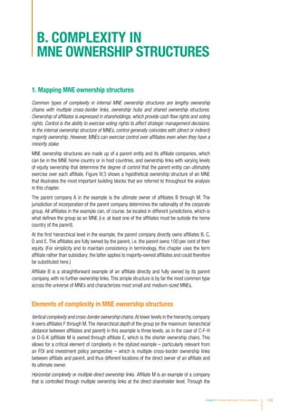 1. Mapping MNE ownership structures
Common types of complexity in internal MNE ownership structures are lengthy ownership
chains with multiple cross-border links, ownership hubs and shared ownership structures.
Ownership of affiliates is expressed in shareholdings, which provide cash flow rights and voting
rights. Control is the ability to exercise voting rights to affect strategic management decisions.
In the internal ownership structure of MNEs, control generally coincides with (direct or indirect)
majority ownership. However, MNEs can exercise control over affiliates even when they have a
minority stake.
MNE ownership structures are made up of a parent entity and its affiliate companies, which
can be in the MNE home country or in host countries, and ownership links with varying levels
of equity ownership that determine the degree of control that the parent entity can ultimately
exercise over each affiliate. Figure IV.3 shows a hypothetical ownership structure of an MNE
that illustrates the most important building blocks that are referred to throughout the analysis
in this chapter.
The parent company A in the example is the ultimate owner of affiliates B through M. The
jurisdiction of incorporation of the parent company determines the nationality of the corporate
group. All affiliates in the example can, of course, be located in different jurisdictions, which is
what defines the group as an MNE (i.e. at least one of the affiliates must be outside the home
country of the parent).
At the first hierarchical level in the example, the parent company directly owns affiliates B, C,
D and E. The affiliates are fully owned by the parent, i.e. the parent owns 100 per cent of their
equity. (For simplicity and to maintain consistency in terminology, this chapter uses the term
affiliate rather than subsidiary; the latter applies to majority-owned affiliates and could therefore
be substituted here.)
Affiliate B is a straightforward example of an affiliate directly and fully owned by its parent
company, with no further ownership links.This simple structure is by far the most common type
across the universe of MNEs and characterizes most small and medium-sized MNEs.
Elements of complexity in MNE ownership structures
Vertical complexity and cross-border ownership chains.At lower levels in the hierarchy,company
A owns affiliates F through M.The hierarchical depth of the group (or the maximum hierarchical
distance between affiliates and parent) in this example is three levels, as in the case of C-F-H
or D-G-K (affiliate M is owned through affiliate E, which is the shorter ownership chain). This
allows for a critical element of complexity in the stylized example – particularly relevant from
an FDI and investment policy perspective – which is multiple cross-border ownership links
between affiliate and parent, and thus different locations of the direct owner of an affiliate and
its ultimate owner.
Horizontal complexity or multiple direct ownership links. Affiliate M is an example of a company
that is controlled through multiple ownership links at the direct shareholder level. Through the
B. Complexity in
MNE ownership structures
Chapter IV Investor Nationality: Policy Challenges 129
 
