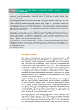 MNE-specific drivers
Many MNEs grow haphazardly and opportunistically. Early in the development of an MNE,
affiliates are more likely to be established in the home and neighbouring countries. Affiliates in
those neighbouring countries might grow and, being familiar with their surrounding markets,
might capture opportunities in those markets.The MNE might spread at a regional level, before
spreading its wings in other regions in the world. At each level, it is likely to be nearby affiliates
that play a role in identifying opportunities for growth (whether through greenfield investment
or by acquisition), in setting up the new operation, in arranging financing and legal status, and
in supplying initial-phase directors.As a result, a series of pictures taken over time of an MNE’s
ownership structure might resemble the growth of mushrooms, first in a nearby circle, and then
expanding in intersecting circles. (The same logic of geographical expansion might be applied
to business lines in divisional structures.)
Despite the fact that ownership structures, especially at the affiliate level, can be changed over
time – and as MNEs grow larger and more complex, they do change them – growth patterns
and historic coincidence do appear to explain a significant part of the ownership complexity
story. For example, the median age of affiliates of the Top 100 MNEs decreases at each rung
of the hierarchy ladder.8
This is most likely explained by the fact that affiliates at each level are
involved in setting up affiliates at the next level. Therefore, hierarchical levels are not generally
constructed artificially with new affiliates being inserted mid-way, or multiple affiliates being
created simultaneously according to a pre-planned scheme.
Administrative heritage is a well-researched phenomenon that can explain the gradual
“sedimentation” of layers of ownership in MNEs.9
Systematic restructuring and rationalization
of the ownership structure of an MNE can be costly, mostly because changes in ownership
structures would normally require actual transactions (the sale and purchase of shares) to take
place, potentially triggering capital gains taxes in addition to other taxes and transactions costs.
Box IV.2.
Changes in ownership structure in response to restrictive measures:
the Sogaz case
In reaction to the Russian Federation’s policy on the Ukraine, the EU, the United States and other countries adopted restrictive measures
against several Russian individuals and entities in order to restrict investment and business owned or controlled by blacklisted Russian
persons (individuals/entities).
Bank Rossiya (Russian Federation) was put on the list of those companies to which the restrictive measures would apply on 20 March 2014.
Before March 2014, 51 per cent of the insurance company Sogaz belonged to Rossiya through a wholly owned subsidiary called Abros.
Therefore, under the rules, Sogaz would have fallen under the restrictive measure as an entity that is majority-owned by an affected party.
But Rossiya transferred a 2.5 per cent stake to Sogaz Realty, a subsidiary of Sogaz itself, the week before the restrictive measures were
imposed. With Rossiya’s stake now below 50 per cent, Sogaz announced that it was not subject to restrictive measures. The transaction let
Sogaz avoid restrictive measures because a firm controlled by several affected entities was not itself subject to restrictive measures if none
of them individually owned 50 per cent of it.
Subsequently, the United States issued a new rule on 13 August 2014, which provides among other things that a firm is blacklisted if the
stakes of affected individuals add up to 50 per cent or more.The EU has a similar rule. Under the new rules, Sogaz should have been subject
to restrictive measures because of its links to both Bank Rossiya and Kordeks, a 12.5 per cent shareholder reportedly controlled by another
person, whom the United States had blacklisted several months earlier. However, Rossiya cut its stake two days before the issuance of the
new rules, to the effect that Sogaz avoided restrictive measures once more.
Sogaz announced in late August 2014 that Abros held only 32.3 per cent of its stake, following a transaction which had taken place on 6
August and been registered on 11 August, just before the issuance of the new rules on 13 August. Gazprom, on its part, offloaded 16.2 per
cent of its stake in its subsidiary.This brought Sogaz’s total stake in the affected parties to 44.8 per cent (Abros 32.3 per cent, Kordeks 12.5
per cent), well below the threshold.
Source: The Economist, 14 February 2015.
138 World Investment Report 2016 Investor Nationality: Policy Challenges
 