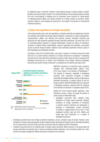 An additional issue is domestic investors round-tripping through a foreign location to obtain
benefits reserved for foreign investors.The empirical findings in the preceding sections indicate
that such round-tripping is relatively rare for corporates (more common for family-owned
or individual-owned entities) and mostly confined to a limited number of countries. (Policy
concerns related to round-tripping are examined in more depth in the section on international
investment policies.)
a. Rules and regulations on foreign ownership
At the national policy level, rules and regulations on foreign ownership are widespread. Services
are relatively more affected by foreign equity limitations, in particular in media, transportation,
communication, utilities, and financial and business services. Extractive industries and
agriculture are also frequently regulated through ownership restrictions. The trend since 2010
in ownership-related measures is towards liberalization, through the lifting of restrictions,
increases in allowed foreign shareholdings, easing of approvals and admission, and greater
access to land for foreign investors. However, many ownership restrictions remain in place in
both developing and developed countries.
According to data from the World Bank, only about a quarter of countries around the world
have few or no sector-specific restrictions on foreign ownership of companies.22
Developing
countries tend to have ownership restrictions covering a wider range of sectors compared with
developed economies but, as noted in the introduction to this chapter, almost all developed
economies also restrict foreign investment in a selected set of industries (see figure IV.2).
Source: 	©UNCTAD National Investment Policy database.
Note: 	 Asian measures include 41 measures in India alone (other measures
distributed across more than 20 countries).
Figure IV.22.
Investment policy measures
related to ownership restrictions,
2010–2015 (Number of measures)
Restriction
Liberalization
Developed
countries
Developing
countries
Transition
economies
Latin America
and the Caribbean
Asia
Africa
5
11
81
6
98
18
6
6
13
7
26
21
UNCTAD’s monitoring of investment policy measures
indicates that ownership-related policies since
2010 have moved in the direction of liberalization.23
The majority of measures, especially in developing
countries, have concerned increases of foreign
ownership percentages allowed, easing of approvals or
admission procedures, or greater access to land for
foreign investors.UNCTAD identified 98 such measures
in developing countries, compared with 26 measures
in the direction of restriction or regulation (figure IV.22).
Despite the trend towards greater openness, many
restrictions remain in place. By region the picture is
varied, based on World Bank data:
•	 Developed economies have relatively fewer
limitations on foreign equity ownership, although
limitations on foreign ownership of companies
in specific services industries are widespread, in
particular in transportation. Foreign ownership
of airlines is capped below 50 per cent in most
developed countries (see box IV.4). Utilities and
media also have restrictions in a number of
developed economies.
•	 Developing countries have more foreign ownership restrictions, across a broader range of sectors. However, many
limitations on foreign equity participation do allow majority foreign ownership and foreign control,effectively translating
into JV requirements. East and South-East Asian economies have the highest number of limitations.
•	 Transition economies tend to be relatively open to foreign equity ownership. Many countries in the group allow full
foreign ownership of companies even in sectors considered sensitive elsewhere, such as banking, health care, retail,
tourism and waste management. Media ownership is relatively more restricted.
162 World Investment Report 2016 Investor Nationality: Policy Challenges
 