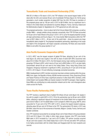 Transatlantic Trade and Investment Partnership (TTIP)
With $13.4 trillion in FDI stock in 2015, the TTIP initiative is the second largest holder of FDI
stock after the G20, and received 46 per cent of worldwide FDI flows (figure I.8). Yet the group
generated a much smaller proportion of global GDP than the G20. FDI flows to members of
this proposed group rose by 106 per cent in 2015 to $819 billion, due to a significant rise in
inflows to the United States and selected EU countries (Belgium, France, Germany, Ireland and
the Netherlands) (chapter II). Negotiations for a TTIP agreement are still under way.
The proposed partnership – home to about half of the Fortune Global 500 companies, as well as
smaller MNEs – already exhibits strong corporate connectivity. Intra-TTIP FDI flows accounted
for 63 per cent of total inflows to the group in 2010−2014, by far the largest proportion among
all major partnerships and forums (figure I.10). Cross-border MA transactions within the TTIP
rose to $331 billion in 2015 – 46 per cent of the world total – driven by several very large
transatlantic deals (chapter II). The proposed transatlantic partnership, depending on the scope
and depth of the arrangement, will impact corporate connectivity, FDI flows and cross-border
MAs to and within the group (section A.1.a).6
Asia Pacific Economic Cooperation (APEC)
In 2015, APEC7
was the largest recipient of global FDI flows, attracting 54 per cent of the
total (figure I.8), which was roughly in line with its share of world GDP. APEC economies held
about $12.8 trillion FDI stock in 2015, the third largest among major existing and prospective
groupings. FDI flows to APEC, which rose by 42 per cent to $953 billion in 2015, are also highly
concentrated: almost 80 per cent went to the United States, China, Hong Kong (China) and
Singapore. Intragroup investment is significant in APEC, accounting for 47 per cent of the total
in 2010−2014 (figure I.10) and reflecting increasingly connected economies.
MNEs headquartered inAPEC member economies have been actively investing within the group.
MNEs from Japan, the Republic of Korea,ASEAN member economies, China, Hong Kong (China)
and Taiwan Province of China have a significant presence in other Asian APEC members, while
United States8
and Canadian MNEs are heavily invested in the NAFTA subregion.Taken together,
these MNEs are contributing to a wide production network and to inter- and intraregional value
chains across the Pacific.
Trans-Pacific Partnership (TPP)
The TPP9
receives a significant share of global FDI inflows (34 per cent) (figure I.8), largely in
line with its weight in world GDP. In 2015, FDI to the partnership rose by 68 per cent to $593
billion, reflecting a significant rebound of investment to the United States from an atypical low
point of $107 billion in 2014 to $380 billion in 2015 (chapter II).Within the group, NAFTA, which
accounted for 75 per cent of the TPP’s GDP in 2015, remains the largest recipient subgroup,
attracting about 80 per cent of FDI flows to the TPP. The partnership’s FDI stock in 2015 was
$9 trillion, about the size of the economies of Australia, Belgium, Canada, France, Germany and
Sweden combined.
Intra-TPP investment accounted for an average 36 per cent of total inflows to the group between
2010 and 2014 (figure I.10). Unlike in other major groups, however, intra-TPP cross-border
MA sales in 2015 increased by 7 per cent to $113 billion. TPP partner countries acquired
46 per cent more assets in the United States than in 2014. FDI into and within TPP continues
to be highly concentrated, with the United States and Singapore both the main recipients and
sources.
10 World Investment Report 2016 Investor Nationality: Policy Challenges
 