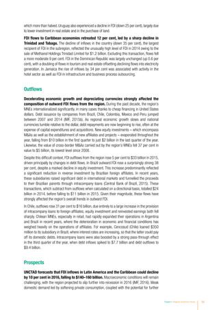 Chapter II Regional Investment Trends 55
which more than halved.Uruguay also experienced a decline in FDI (down 25 per cent),largely due
to lower investment in real estate and in the purchase of land.
FDI flows to Caribbean economies retreated 12 per cent, led by a sharp decline in
Trinidad and Tobago. The decline of inflows in the country (down 35 per cent), the largest
recipient of FDI in the subregion, reflected the unusually high level of FDI in 2014 owing to the
sale of Methanol Holdings Trinidad Limited for $1.2 billion. Excluding this transaction, flows fell
a more moderate 9 per cent. FDI in the Dominican Republic was largely unchanged (up 0.6 per
cent), with a doubling of flows in tourism and real estate offsetting declining flows into electricity
generation. In Jamaica the rise of inflows by 34 per cent was associated with activity in the
hotel sector as well as FDI in infrastructure and business process outsourcing.
Outflows
Decelerating economic growth and depreciating currencies strongly affected the
composition of outward FDI flows from the region. During the past decade, the region’s
MNEs internationalized significantly, in many cases thanks to cheap financing in United States
dollars. Debt issuance by companies from Brazil, Chile, Colombia, Mexico and Peru jumped
between 2007 and 2014 (IMF, 2015b). As regional economic growth slows and national
currencies tumble relative to the dollar, debt repayments are now beginning to rise, often at the
expense of capital expenditures and acquisitions. New equity investments – which encompass
MAs as well as the establishment of new affiliates and projects – evaporated throughout the
year, falling from $10 billion in the first quarter to just $2 billion in the last quarter of the year.
Likewise, the value of cross-border MAs carried out by the region’s MNEs fell 37 per cent in
value to $5 billion, its lowest level since 2008.
Despite this difficult context, FDI outflows from the region rose 5 per cent to $33 billion in 2015,
driven principally by changes in debt flows. In Brazil outward FDI rose a surprisingly strong 38
per cent, despite a marked decline in equity investment. This increase predominantly reflected
a significant reduction in reverse investment by Brazilian foreign affiliates. In recent years,
these subsidiaries raised significant debt in international markets and funnelled the proceeds
to their Brazilian parents through intracompany loans (Central Bank of Brazil, 2015). These
transactions, which subtract from outflows when calculated on a directional basis, totalled $24
billion in 2014, before falling to $11 billion in 2015. Given their magnitude, these flows have
strongly affected the region’s overall trends in outward FDI.
In Chile, outflows rose 31 per cent to $16 billion, due entirely to a large increase in the provision
of intracompany loans to foreign affiliates; equity investment and reinvested earnings both fell
sharply. Chilean MNEs, especially in retail, had rapidly expanded their operations in Argentina
and Brazil in recent years, where the deterioration in economic and financial conditions has
weighed heavily on the operations of affiliates. For example, Cencosud (Chile) loaned $350
million to its subsidiary in Brazil, where interest rates are increasing, so that the latter could pay
off its domestic debts. Intracompany loans were also boosted by a strong pass-through effect
in the third quarter of the year, when debt inflows spiked to $7.7 billion and debt outflows to
$9.4 billion.
Prospects
UNCTAD forecasts that FDI inflows in Latin America and the Caribbean could decline
by 10 per cent in 2016, falling to $140–160 billion. Macroeconomic conditions will remain
challenging, with the region projected to slip further into recession in 2016 (IMF, 2016). Weak
domestic demand led by softening private consumption, coupled with the potential for further
 