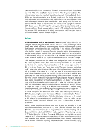 66 World Investment Report 2016 Investor Nationality: Policy Challenges
After three successive years of contraction, FDI inflows to developed countries bounced back
sharply to $962 billion in 2015, the highest level since 2007. Buoyant cross-border MAs
within developed economies, in particular acquisitions of assets in the United States by foreign
MNEs, were the major contributing factor. Strategic considerations, but also tax optimization,
drove acquisitions and corporate restructuring in industries such as pharmaceuticals. At the
same time, sluggish commodity prices weighed on FDI in the primary sector in Australia and
Canada. Outward FDI from developed countries also performed well, leaping to $1.1 trillion in
2015. Europe became the world’s largest investor region, while foreign acquisition of assets by
financial MNEs from Canada and Japan played a big role in FDI outflows from both countries.
The recovery of FDI activity, however, is unlikely to be sustained in 2016, primarily owing to
global uncertainty and lacklustre economic prospects.
Inflows
Cross-border MAs drive an FDI rebound in Europe. Regaining much of the ground lost
during the three preceding years, inflows to Europe rose to $504 billion, accounting for 29 per
cent of global inflows. This rebound was driven by large increases in a relatively few countries
such as Ireland (a threefold increase) and Switzerland (a 10-fold increase), which more than
offset declining inflows in 19 economies. These two economies and the Netherlands became
the three largest recipients in Europe. Other major recipients were France and Germany, both
of which recovered sharply from the low points in 2014. Inflows into the United Kingdom – the
largest recipient in 2014 – fell back to $40 billion but remained among the largest in Europe.
Cross-border MA sales in Europe rose to $295 billion, the highest level since 2007. Reflecting
the overall FDI pattern in Europe, these sales were largely concentrated in a few countries
and declined in the majority of European countries. In the two largest target countries in
2014, the United Kingdom and France, cross-border MA sales increased substantially
(to $71 billion in the United Kingdom and $44 billion in France). Nevertheless, Ireland became
the second-largest target country in 2015 with $48 billion. In sectoral terms, cross-border
MA sales in manufacturing more than doubled, to $166 billion. Corporate inversion deals
played a key part in this increase, but assets in a range of industries in France, Switzerland and
the United Kingdom also became major acquisition targets. Corporate strategy to restructure
asset profiles motivated many of those transactions (chapter I). In Europe’s services sector,
cross-border MA sales declined by 16 per cent to $115 billion, due primarily to a $30 billion
fall in telecommunications. MNEs from developed countries were the main acquirers of assets
in Europe, with Europe accounting for 38 per cent and North America, 47 per cent. Among
developing economies, China and Hong Kong (China) together accounted for 6.6 per cent.
In Ireland, inflows more than trebled from 2014 to $101 billion. Intracompany loans rose by
$37 billion, accounting for much of the increase. MA sales were boosted by the Medtronic-
Covidien inversion megadeal (chapter I.A). In the Netherlands, inflows rose by 39 per cent
to $73 billion, of which equity investments were $61 billion – more than trebling from the
year before. However, cross-border MA sales in the country increased by just $2 billion to
$15.5 billion.
France’s inflows almost trebled, to $43 billion, most of which was accounted for by the
equity component of inflows, which rose to $37 billion. MA sales reached a record high at
$44 billion. Major transactions included the merger of the cement manufacturer Lafarge with its
Swiss rival Holcim in a deal worth $21 billion, and the acquisition of Alstom’s energy business
by GE (United States) for $11 billion. Cross-border MA sales in the United Kingdom almost
doubled in 2015, to $71 billion, with pharmaceuticals ($17 billion) and real estate ($12 billion)
being the largest target industries. Chinese investors were active in the latter. Supported by a
robust economic performance, especially compared with other European economies, equity
 