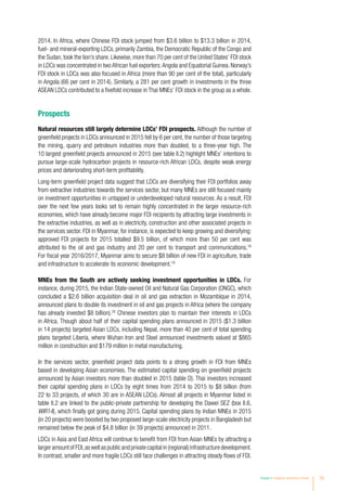 Chapter II Regional Investment Trends 75
2014. In Africa, where Chinese FDI stock jumped from $3.6 billion to $13.3 billion in 2014,
fuel- and mineral-exporting LDCs, primarily Zambia, the Democratic Republic of the Congo and
the Sudan, took the lion’s share. Likewise, more than 70 per cent of the United States’ FDI stock
in LDCs was concentrated in two African fuel exporters:Angola and Equatorial Guinea. Norway’s
FDI stock in LDCs was also focused in Africa (more than 90 per cent of the total), particularly
in Angola (66 per cent in 2014). Similarly, a 281 per cent growth in investments in the three
ASEAN LDCs contributed to a fivefold increase in Thai MNEs’ FDI stock in the group as a whole.
Prospects
Natural resources still largely determine LDCs’ FDI prospects. Although the number of
greenfield projects in LDCs announced in 2015 fell by 6 per cent, the number of those targeting
the mining, quarry and petroleum industries more than doubled, to a three-year high. The
10 largest greenfield projects announced in 2015 (see table II.2) highlight MNEs’ intentions to
pursue large-scale hydrocarbon projects in resource-rich African LDCs, despite weak energy
prices and deteriorating short-term profitability.
Long-term greenfield project data suggest that LDCs are diversifying their FDI portfolios away
from extractive industries towards the services sector, but many MNEs are still focused mainly
on investment opportunities in untapped or underdeveloped natural resources. As a result, FDI
over the next few years looks set to remain highly concentrated in the larger resource-rich
economies, which have already become major FDI recipients by attracting large investments in
the extractive industries, as well as in electricity, construction and other associated projects in
the services sector. FDI in Myanmar, for instance, is expected to keep growing and diversifying:
approved FDI projects for 2015 totalled $9.5 billion, of which more than 50 per cent was
attributed to the oil and gas industry and 20 per cent to transport and communications.18
For fiscal year 2016/2017, Myanmar aims to secure $8 billion of new FDI in agriculture, trade
and infrastructure to accelerate its economic development.19
MNEs from the South are actively seeking investment opportunities in LDCs. For
instance, during 2015, the Indian State-owned Oil and Natural Gas Corporation (ONGC), which
concluded a $2.6 billion acquisition deal in oil and gas extraction in Mozambique in 2014,
announced plans to double its investment in oil and gas projects in Africa (where the company
has already invested $8 billion).20
Chinese investors plan to maintain their interests in LDCs
in Africa. Though about half of their capital spending plans announced in 2015 ($1.3 billion
in 14 projects) targeted Asian LDCs, including Nepal, more than 40 per cent of total spending
plans targeted Liberia, where Wuhan Iron and Steel announced investments valued at $865
million in construction and $179 million in metal manufacturing.
In the services sector, greenfield project data points to a strong growth in FDI from MNEs
based in developing Asian economies. The estimated capital spending on greenfield projects
announced by Asian investors more than doubled in 2015 (table D). Thai investors increased
their capital spending plans in LDCs by eight times from 2014 to 2015 to $8 billion (from
22 to 33 projects, of which 30 are in ASEAN LDCs). Almost all projects in Myanmar listed in
table II.2 are linked to the public-private partnership for developing the Dawei SEZ (box II.6,
WIR14), which finally got going during 2015. 
Capital spending plans by Indian MNEs in 2015
(in 20 projects) were boosted by two proposed large-scale electricity projects in Bangladesh but
remained below the peak of $4.8 billion (in 39 projects) announced in 2011.
LDCs in Asia and East Africa will continue to benefit from FDI from Asian MNEs by attracting a
largeramountofFDI,aswellaspublicandprivatecapitalin(regional)infrastructuredevelopment.
In contrast, smaller and more fragile LDCs still face challenges in attracting steady flows of FDI.
 