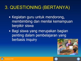 3. QUESTIONING (BERTANYA) Kegiatan guru untuk mendorong, membimbing dan menilai kemampuan berpikir siswa Bagi siswa yang merupakan bagian penting dalam pembelajaran yang berbasis inquiry 