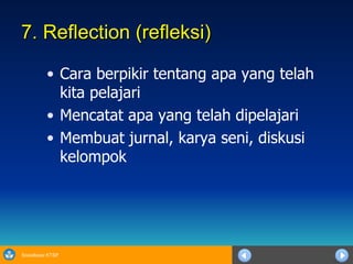 7. Reflection (refleksi) Cara berpikir tentang apa yang telah kita pelajari Mencatat apa yang telah dipelajari Membuat jurnal, karya seni, diskusi kelompok 