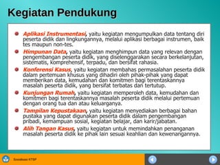 Kegiatan Pendukung Aplikasi Instrumentasi ,  yaitu kegiatan mengumpulkan data tentang diri peserta didik dan lingkungannya, melalui aplikasi berbagai instrumen, baik tes maupun non-tes. Himpunan Data ,  yaitu kegiatan menghimpun data yang relevan dengan pengembangan peserta didik, yang diselenggarakan secara berkelanjutan, sistematis, komprehensif, terpadu, dan bersifat rahasia. Konferensi Kasus , yaitu kegiatan membahas permasalahan peserta didik dalam pertemuan khusus yang dihadiri oleh pihak-pihak yang dapat memberikan data, kemudahan dan komitmen bagi terentaskannya masalah peserta didik, yang bersifat terbatas dan tertutup. Kunjungan Rumah ,  yaitu kegiatan memperoleh data, kemudahan dan komitmen bagi terentaskannya masalah peserta didik melalui pertemuan dengan orang tua dan atau keluarganya.  Tampilan Kepustakaan ,  yaitu kegiatan menyediakan berbagai bahan pustaka yang dapat digunakan peserta didik dalam pengembangan pribadi, kemampuan sosial, kegiatan belajar, dan karir/jabatan. Alih Tangan Kasus ,  yaitu kegiatan untuk memindahkan penanganan masalah peserta didik ke pihak lain sesuai keahlian dan kewenangannya.  