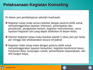 Pelaksanaan Kegiatan Konseling Di dalam jam pembelajaran sekolah/madrasah: Kegiatan tatap muka secara klasikal dengan peserta didik untuk menyelenggarakan layanan informasi, penempatan dan penyaluran, penguasaan konten, kegiatan instrumentasi, serta layanan/kegiatan lain yang dapat dilakukan di dalam kelas.   Volume kegiatan tatap muka klasikal adalah 2 (dua) jam per kelas per minggu dan dilaksanakan secara terjadwal Kegiatan tidak tatap muka dengan peserta didik untuk menyelenggarakan layanan konsultasi, kegiatan konferensi kasus, himpunan data, kunjungan rumah, pemanfaatan kepustakaan, dan alih tangan kasus. 