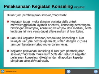 Pelaksanaan Kegiatan Konseling  (lanjutan) Di luar jam pembelajaran sekolah/madrasah: Kegiatan tatap  muka dengan peserta didik untuk menyelenggarakan layanan orientasi, konseling perorangan, bimbingan kelompok, konseling kelompok dan mediasi, serta kegiatan lainnya yang dapat dilaksanakan di luar kelas.   Satu kali kegiatan layanan/pendukung konseling di luar kelas/di luar jam pembelajaran ekuivalen dengan 2 (dua) jam pembelajaran tatap muka dalam kelas.   Kegiatan pelayanan konseling di luar jam pembelajaran sekolah/madrasah maksimum 50% dari seluruh kegiatan pelayanan konseling, diketahui dan dilaporkan kepada pimpinan sekolah/madrasah.   