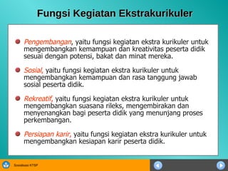 Fungsi Kegiatan Ekstrakurikuler Pengembangan , yaitu fungsi kegiatan ekstra kurikuler untuk mengembangkan kemampuan dan kreativitas peserta didik sesuai dengan potensi, bakat dan minat mereka. Sosial ,  yaitu fungsi kegiatan ekstra kurikuler untuk mengembangkan kemampuan dan rasa tanggung jawab sosial peserta didik.  Rekreatif ,  yaitu fungsi kegiatan ekstra kurikuler untuk mengembangkan suasana rileks, mengembirakan dan menyenangkan bagi peserta didik yang menunjang proses perkembangan. Persiapan karir ,  yaitu fungsi kegiatan ekstra kurikuler untuk mengembangkan kesiapan karir peserta didik.  