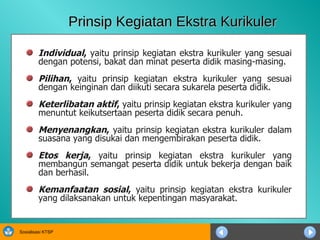 Prinsip Kegiatan Ekstra Kurikuler Individual ,  yaitu prinsip kegiatan ekstra kurikuler yang sesuai dengan potensi, bakat dan minat peserta didik masing-masing. Pilihan ,  yaitu prinsip kegiatan ekstra kurikuler yang sesuai dengan keinginan dan diikuti secara sukarela peserta didik. Keterlibatan aktif ,  yaitu prinsip kegiatan ekstra kurikuler yang menuntut keikutsertaan peserta didik secara penuh. Menyenangkan ,  yaitu prinsip kegiatan ekstra kurikuler dalam suasana yang disukai dan mengembirakan peserta didik. Etos kerja ,  yaitu prinsip kegiatan ekstra kurikuler yang membangun semangat peserta didik untuk bekerja dengan baik dan berhasil.  Kemanfaatan sosial ,  yaitu prinsip kegiatan ekstra kurikuler yang dilaksanakan untuk kepentingan masyarakat. 