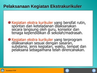 Pelaksanaan Kegiatan Ekstrakurikuler Kegiatan ekstra kurikuler  yang bersifat rutin, spontan dan keteladanan dilaksanakan secara langsung oleh guru, konselor dan tenaga kependidikan di sekolah/madrasah.  Kegiatan ekstra kurikuler  yang terprogram dilaksanakan sesuai dengan sasaran, substansi, jenis kegiatan, waktu, tempat dan pelaksana sebagaimana telah direncanakan.  