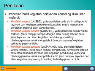 Penilaian Penilaian hasil kegiatan pelayanan konseling dilakukan melalui: Penilaian segera  (LAISEG), yaitu penilaian pada akhir setiap jenis layanan dan kegiatan pendukung konseling untuk mengetahui perolehan peserta didik yang dilayani. Penilaian jangka pendek  (LAIJAPEN), yaitu penilaian dalam waktu tertentu (satu minggu sampai dengan satu bulan) setelah satu jenis layanan dan atau kegiatan pendukung konseling diselenggarakan untuk mengetahui dampak layanan/kegiatan terhadap peserta didik. Penilaian jangka panjang  (LAIJAPANG), yaitu penilaian dalam waktu tertentu (satu bulan sampai dengan satu semester) setelah satu atau beberapa layanan dan kegiatan pendukung konseling diselenggarakan untuk mengetahui lebih jauh dampak layanan dan atau kegiatan pendukung konseling terhadap peserta didik. 