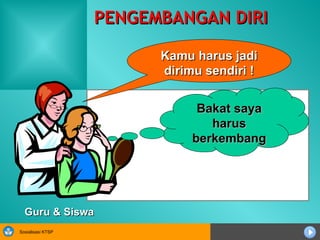 PENGEMBANGAN DIRI Bakat saya harus berkembang Kamu harus jadi dirimu sendiri ! Guru & Siswa 
