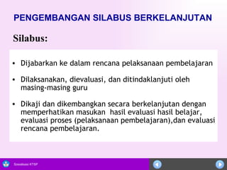 PENGEMBANGAN SILABUS BERKELANJUTAN       Dijabarkan ke dalam rencana pelaksanaan pembelajaran  Dilaksanakan, dievaluasi, dan ditindaklanjuti oleh masing-masing guru  Dikaji dan dikembangkan secara berkelanjutan dengan memperhatikan masukan  hasil evaluasi hasil belajar, evaluasi proses (pelaksanaan pembelajaran),dan evaluasi rencana pembelajaran.  Silabus: 