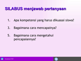 SILABUS menjawab pertanyaan Apa kompetensi yang harus dikuasai siswa? Bagaimana cara mencapainya? Bagaimana cara mengetahui pencapaiannya? 