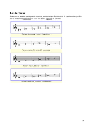 Las terceras
Las terceras pueden ser mayores, menores, aumentadas o disminuidas. A continuación pueden
ver el número de semitonos de cada una de las especies de terceras.




                                                                                            18
 