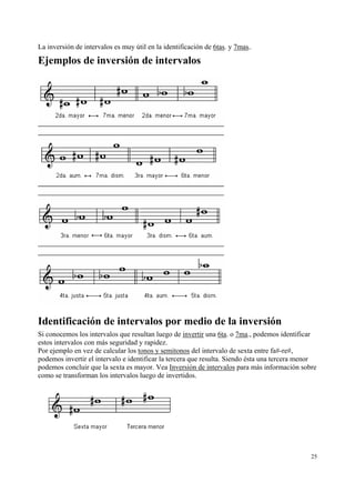 La inversión de intervalos es muy útil en la identificación de 6tas. y 7mas..

Ejemplos de inversión de intervalos




Identificación de intervalos por medio de la inversión
Si conocemos los intervalos que resultan luego de invertir una 6ta. o 7ma., podemos identificar
estos intervalos con más seguridad y rapidez.
Por ejemplo en vez de calcular los tonos y semitonos del intervalo de sexta entre fa#-re#,
podemos invertir el intervalo e identificar la tercera que resulta. Siendo ésta una tercera menor
podemos concluir que la sexta es mayor. Vea Inversión de intervalos para más información sobre
como se transforman los intervalos luego de invertidos.




                                                                                               25
 