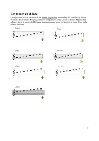 Los modos en el Jazz
Los siguientes modos, variantes de los modos gregorianos, se usan hoy día en el Jazz y fueron
utilizados desde finales de siglo pasado por compositores como Claude Debussy. Algunos han
sobrevivido en la música folklórica de algunas regiones, como por ejemplo el modo frigio en la
música andaluza:




                                                                                                 55
 
