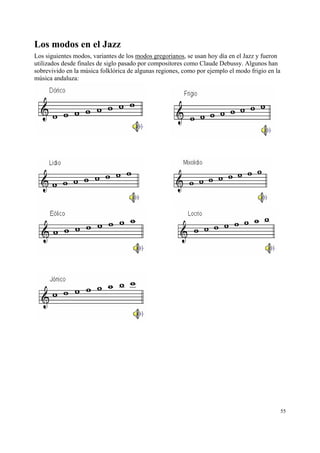 Los modos en el Jazz
Los siguientes modos, variantes de los modos gregorianos, se usan hoy día en el Jazz y fueron
utiliza...