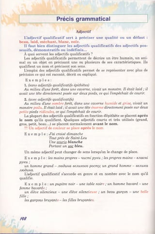 Précis grammatical
Adjectif
L’adjectif qualificatif sert à préciser une qualité ou un défaut :
beau, laid, méchant, blanc, noir.
Il faut bien distinguer les adjectifs qualificatifs des adjectifs pos­
sessifs, démonstratifs ou indéfinis...
A quoi servent les adjectifs qualificatifs ?
Les adjectifs qualificatifs permettent de décrire un être humain, un ani­
mal ou un objet en précisant une ou plusieurs de ses caractéristiques. Ils
qualifient un nom et précisent son sens.
L’emploi des adjectifs qualificatifs permet de se représenter avec plus de
précision ce qui est raconté, décrit ou expliqué.
E x e m p l e s :
1. (sans adjectifs qualificatifs épithètes)
Au milieu d’une forêt, dans une caverne, vivait un monstre. Il était laid ; il
avait une tête directement posée sur deux pieds, ce qui l’empêchait de courir.
2. (avec adjectifs qualificatifs)
Au milieu d’une sombre forêt, dans une caverne humide et grise, vivait un
monstre poilu. Il était laid ; il avait une tête énorme directement posée sur deux
petits pieds ridicules, ce qui l’empêchait de courir.
La plupart des adjectifs qualificatifs en fonction d’épithète se placent après
le nom qu’ils qualifient. Quelques adjectifs courts et très utilisés (grand,
gros, petit, beau...) se placent normalement avant le nom.
!!! Un adjectif de couleur se place après le nom.
E x e m p l e : J’ai croisé dimanche
Tout près de Saint-Leu
Une souris blanche
Portant un sac bleu.
Un même adjectif peut changer de sens lorsqu’on le change de place.
E x e m p 1e : les mains propres - чисті руки ; les propres mains - власні
руки ;
un homme grand - людина великого росту; un grand homme - велика
людина.
L’adjectif qualificatif s’accorde en genre et en nombre avec le nom qu’il
qualifie.
E x e m p l e : un pupitre noir - une table noire ; un homme bavard - une
femme bavarde ;
un élève silencieux - une élève silencieuse ; un beau garçon - une belle
fille ;
les garçons bruyants - les filles bruyantes.
ІЙ8
 