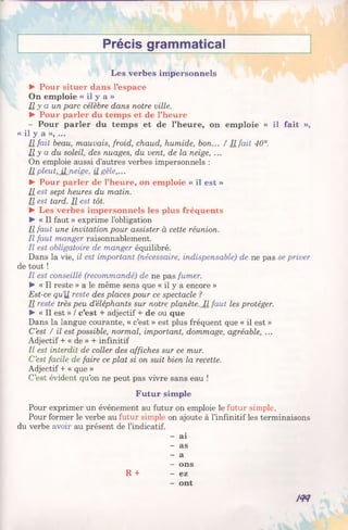 Précis grammatical
Les verbes impersonnels
► Pour situer dans l’espace
On emploie « il y a »
Il y a un parc célèbre dans notre ville.
► Pour parler du temps et de l’heure
- Pour parler du temps et de l’heure, on emploie « il fait »,
« il y a », ...
Il fait beau, mauvais, froid, chaud, humide, bon... / Il fait 40°.
U y a du soleil, des nuages, du vent, de la neige, ...
On emploie aussi d’autres verbes impersonnels :
Il pleut, il neise. il gèle,...
► Pour parler de l’heure, on emploie « il est »
R est sept heures du matin.
II est tard. II est tôt.
► Les verbes impersonnels les plus fréquents
► « Il faut » exprime l’obligation
II faut une invitation pour assister à cette réunion.
Il faut manger raisonnablement.
Il est obligatoire de manger équilibré.
Dans la vie, il est important (nécessaire, indispensable) de ne pas se priver
de tout !
Il est conseillé (recommandé) de ne pas fumer.
► « Il reste » a le même sens que « il y a encore »
Est-ce qu’ü reste des places pour ce spectacle ?
II reste très peu d’éléphants sur notre planète. Il faut les protéger.
► « Il est » / c’est + adjectif + de ou que
Dans la langue courante, « c’est » est plus fréquent que « il est »
C’est / il est possible, normal, important, dommage, agréable, ...
Adjectif + « de » + infinitif
Il est interdit de coller des affiches sur ce mur.
C’est facile de faire ce plat si on suit bien la recette.
Adjectif + « que »
C’est évident qu’on ne peut pas vivre sans eau !
Futur simple
Pour exprimer un événement au futur on emploie le futur simple.
Pour former le verbe au futur simple on ajoute à l’infinitif les terminaisons
du verbe avoir au présent de l’indicatif.
- ai
- as
- a
- ons
R + - ez
- ont
№
 