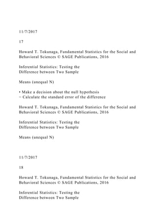 11/7/2017
17
Howard T. Tokunaga, Fundamental Statistics for the Social and
Behavioral Sciences © SAGE Publications, 2016
Inferential Statistics: Testing the
Difference between Two Sample
Means (unequal N)
• Make a decision about the null hypothesis
− Calculate the standard error of the difference
Howard T. Tokunaga, Fundamental Statistics for the Social and
Behavioral Sciences © SAGE Publications, 2016
Inferential Statistics: Testing the
Difference between Two Sample
Means (unequal N)
11/7/2017
18
Howard T. Tokunaga, Fundamental Statistics for the Social and
Behavioral Sciences © SAGE Publications, 2016
Inferential Statistics: Testing the
Difference between Two Sample
 