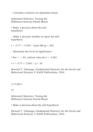 − Calculate t‐statistic for dependent means
Inferential Statistics: Testing the
Difference between Paired Means
• Make a decision about the null
hypothesis
– Make a decision whether to reject the null
hypothesis
t = ‐5.77 < H0 (p < .05)
– Determine the level of significance
• For .01, critical value for t = ‐2.861
• t = ‐5.77 < < .01
Howard T. Tokunaga, Fundamental Statistics for the Social and
Behavioral Sciences © SAGE Publications, 2016
11/7/2017
27
Inferential Statistics: Testing the
Difference between Paired Means
• Make a decision about the null hypothesis
Howard T. Tokunaga, Fundamental Statistics for the Social and
Behavioral Sciences © SAGE Publications, 2016
 