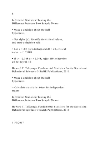 8
Inferential Statistics: Testing the
Difference between Two Sample Means
• Make a decision about the null
hypothesis
– Set alpha (α), identify the critical values,
and state a decision rule
• For α = .05 (two‐tailed) and df = 28, critical
value =
• If t < ‐2.048 or > 2.048, reject H0; otherwise,
do not reject H0
Howard T. Tokunaga, Fundamental Statistics for the Social and
Behavioral Sciences © SAGE Publications, 2016
• Make a decision about the null
hypothesis.
− Calculate a statistic: t‐test for independent
means
Inferential Statistics: Testing the
Difference between Two Sample Means
Howard T. Tokunaga, Fundamental Statistics for the Social and
Behavioral Sciences © SAGE Publications, 2016
11/7/2017
 