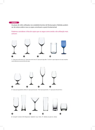 As peças de vidro utilizadas nos estabelecimentos de Restauração e Bebidas podem
ser de várias ordens mas os copos constituem a parte fundamental.
Podemos considerar a lista de copos que se segue como sendo a de utilização mais
comum:
VIDROS
1 2 3 3a
4 5 6 7
8
1 - Copos para vinho branco; 2 - Copos para vinho tinto; 3 - Copos para água; 3a - É comum o copo a água ser um copo completa-
mente diferente do resto da linha de copos.
4 - Copos para aguardentes velhas; 5 - Copos para licores; 6 - “Flüts” para espumantes ; 7 - Copos para vinho do Porto ;
8 - Cerveja; 9 - Cocktails ; 10 - Refrigerantes / Highballs / Long - Drinks ; 11 - Bebidas com gelo (ex.: whisky)
9 10 11
 
