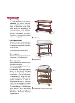 • Carro de serviço
Os carros de serviço são, na essência,
“guéridons” com rodas. As rodas pivo-
tantes instaladas tornam este equipa-
mento um elemento de grande versati-
lidade, podendo ser deslocados de um
local para outro com grande facilidade.
Possuem, normalmente, três tampos,
estrutura em madeira (ou outro material
nobre) e uma pega, pelo menos.
• Carro de sobremesas
São carros idênticos aos carros de servi-
ço, tendo na parte superior uma cober-
tura em acrílico transparente com portas
ou campânulas.
Idealmente, deverá ser refrigerado.
• Carro de queijos
Para o serviço de queijos, o carro pode-
rá ser idêntico ao de sobremesas.
• Carro de quentes
Apenas os restaurantes degrandecatego-
riapossuemestescarros.
Servemparatrincharpeçasinteirasdecar-
nesàvistadosclientes.
São constituídas por tabuleiro metálico
que tem por baixo um reservatório para
água (banho-maria) mantida quente por
umalamparinaaálcool;umaplacametáli-
caondesefazocortedascarnes;recipien-
tes para guarnições e molhos; prateleira
ajustável para colocação dos pratos; pra-
teleira para a colocação dos trinchantes,
e uma cobertura basculante, permitindo
queasiguariassemantenhamquentes.
Em madeira e aço inox ou em metal com
banho de prata, a escolha dos materiais
depende, como sempre, da categoria do
Restaurante, e dos recursos disponíveis
parainvestimento.
EQUIPAMENTO
Carro de sobremesas
Carro de serviço
Carro de quentes em madeira e aço inoxidável polido
 