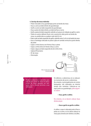 32 33
Oserviço
b) Serviço de mesa redonda:
• Prato marcador e/ou guardanapo junto ao bordo da mesa
• Faca a carne ao lado direito do guardanapo
• Garfo a carne ao lado esquerdo do guardanapo
• Faca a peixe do lado direito, ao lado da faca a carne
• Garfo a peixe do lado esquerdo subindo um pouco em relação ao garfo a carne
• Todos os outros talheres ficam com a ponta do cabo junto ao bordo da
mesa, ou preferindo-se, podem subir até 0,5 cm
• Prato a pão ao lado esquerdo do garfo, subindo entre 5 e 8 cm do bordo da mesa
• Faca a manteiga colocada no prato a pão em sentido vertical na parte direita
do prato
• Copo a vinho branco em frente à faca a peixe
• Copo a vinho tinto em frente à faca a carne
• Copo a água ao lado esquerdo do de vinho tinto.
• Saleiro/Pimenteiro
• Nº de mesa
• Decoração
Todos os objectos e utensílios que
não façam parte da mise-en-place
inicial da mesa deverão ser reti-
rados mal o cliente termine a sua
utilização.
Mise-en-place para serviço
de mesa redonda
Os talheres a sobremesa só se colocam
no momento de servir a sobremesa.
No entanto, e principalmente em certos
banquetes, são colocados ao mesmo
tempo dos restantes. Colocam-se no
topo junto ao guardanapo, pela seguin-
te ordem:
• faca, garfo e colher.
No entanto, só se devem colocar duas
destas peças:
• faca e garfo ou garfo e colher.
A colher a sopa é colocada junto à faca a
peixe ou a carne, e só se deve colocar na
mesa para ementa sem direito a escolha.
 