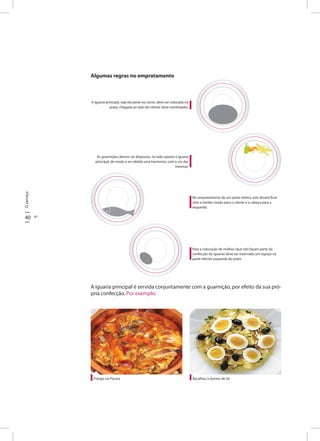 40 41
Oserviço
Algumas regras no empratamento
A iguaria principal é servida conjuntamente com a guarnição, por efeito da sua pró-
pria confecção. Por exemplo:
A iguaria principal, seja ela peixe ou carne, deve ser colocada no
prato, chegada ao lado do cliente (área sombreada).
As guarnições devem ser dispostas, no lado oposto à iguaria
principal, de modo a ser obtida uma harmonia, com a cor das
mesmas.
No empratamento de um peixe inteiro, este deverá ficar
com o lombo virado para o cliente e a cabeça para a
esquerda.
Para a colocação de molhos (que não façam parte da
confecção da iguaria) deve ser reservado um espaço na
parte inferior esquerda do prato.
Frango na Púcara Bacalhau à Gomes de Sá
 