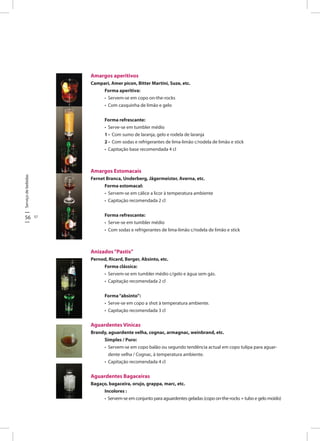 Serviçodebebidas
56 57
Amargos aperitivos
Campari, Amer picon, Bitter Martini, Suze, etc.
Forma aperitiva:
• Servem-se em copo on-the-rocks
• Com casquinha de limão e gelo
Forma refrescante:
• Serve-se em tumbler médio
1 • Com sumo de laranja, gelo e rodela de laranja
2 • Com sodas e refrigerantes de lima-limão c/rodela de limão e stick
• Capitação base recomendada 4 cl
Amargos Estomacais
Fernet Branca, Underberg, Jägermeister, Averna, etc.
Forma estomacal:
• Servem-se em cálice a licor à temperatura ambiente
• Capitação recomendada 2 cl
Forma refrescante:
• Serve-se em tumbler médio
• Com sodas e refrigerantes de lima-limão c/rodela de limão e stick
Anizados“Pastis”
Pernod, Ricard, Berger, Absinto, etc.
Forma clássica:
• Servem-se em tumbler médio c/gelo e água sem gás.
• Capitação recomendada 2 cl
Forma“absinto”:
• Serve-se em copo a shot à temperatura ambiente.
• Capitação recomendada 3 cl
Aguardentes Vínicas
Brandy, aguardente velha, cognac, armagnac, weinbrand, etc.
Simples / Puro:
• Servem-se em copo balão ou segundo tendência actual em copo tulipa para aguar-
dente velha / Cognac, à temperatura ambiente.
• Capitação recomendada 4 cl
Aguardentes Bagaceiras
Bagaço, bagaceira, orujo, grappa, marc, etc.
Incolores :
• Servem-se em conjunto para aguardentes geladas (copo on-the-rocks + tubo e gelo moído)
 